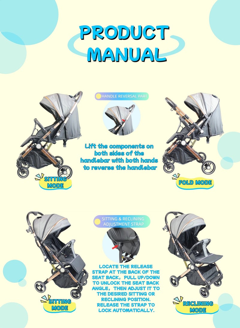 Two-way One-click Foldable Ultra Lightweight Travel Stroller with Comfortable and Shock Absorbent Multi Position Reclining Seat Adjustable Canopy Foldable Storage Basket NO.1105 - Image 4